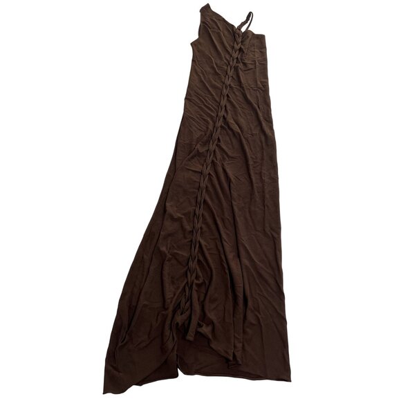 AYA MUSE Birch Mesh Asymmteric Lace-Up Maxi Dress in Brown - Picture 1 of 5